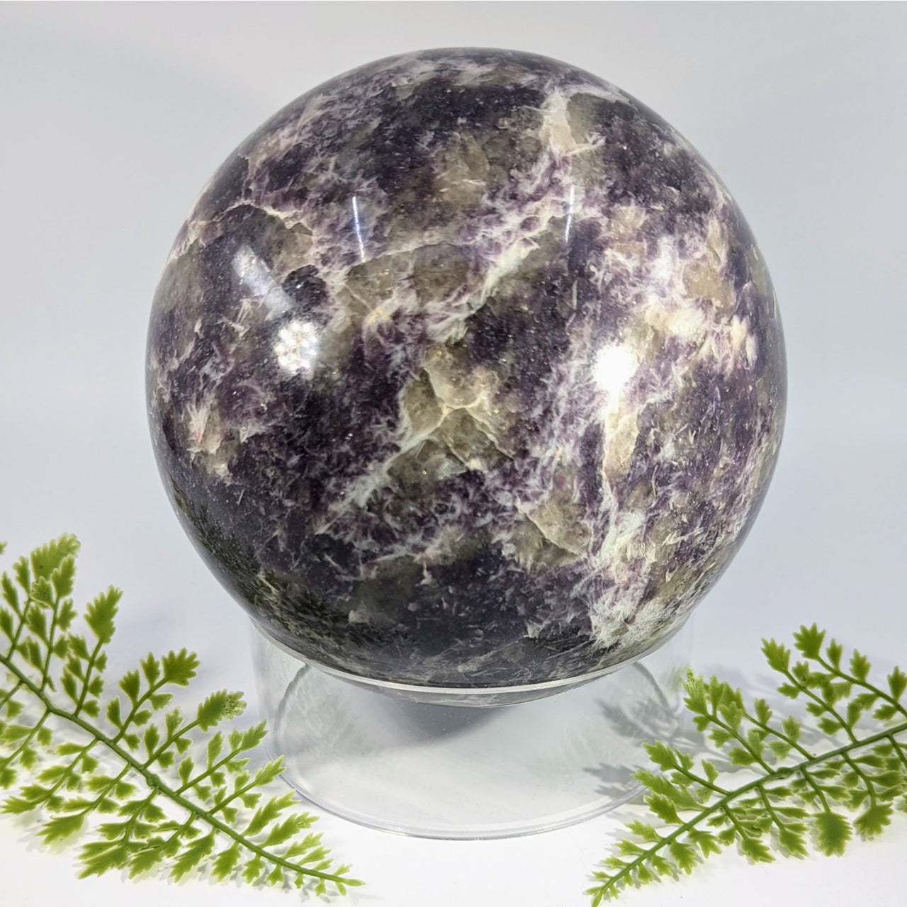 Lepidolite 6.5 inch jumbo sphere polished with deep purple gray and creamy white patterns in gemstones and crystals