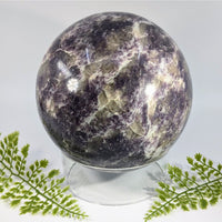Lepidolite 6.5 inch jumbo sphere polished with deep purple gray and creamy white patterns in gemstones and crystals