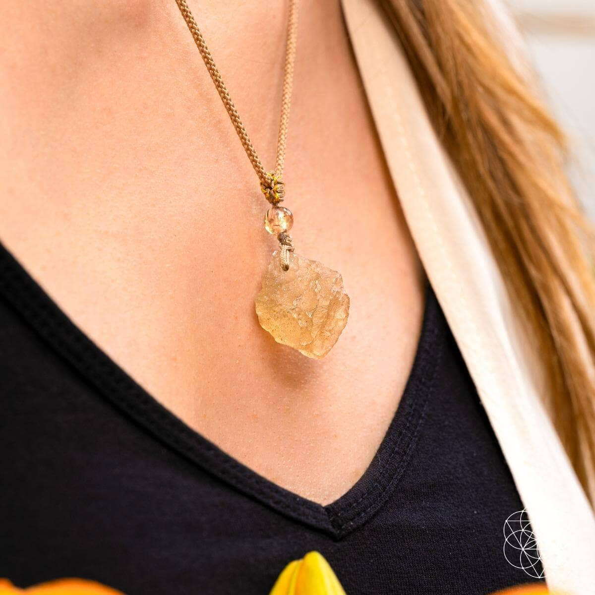 Yellow Libyan Desert Glass crystal pendant necklace with gold chain LV9547