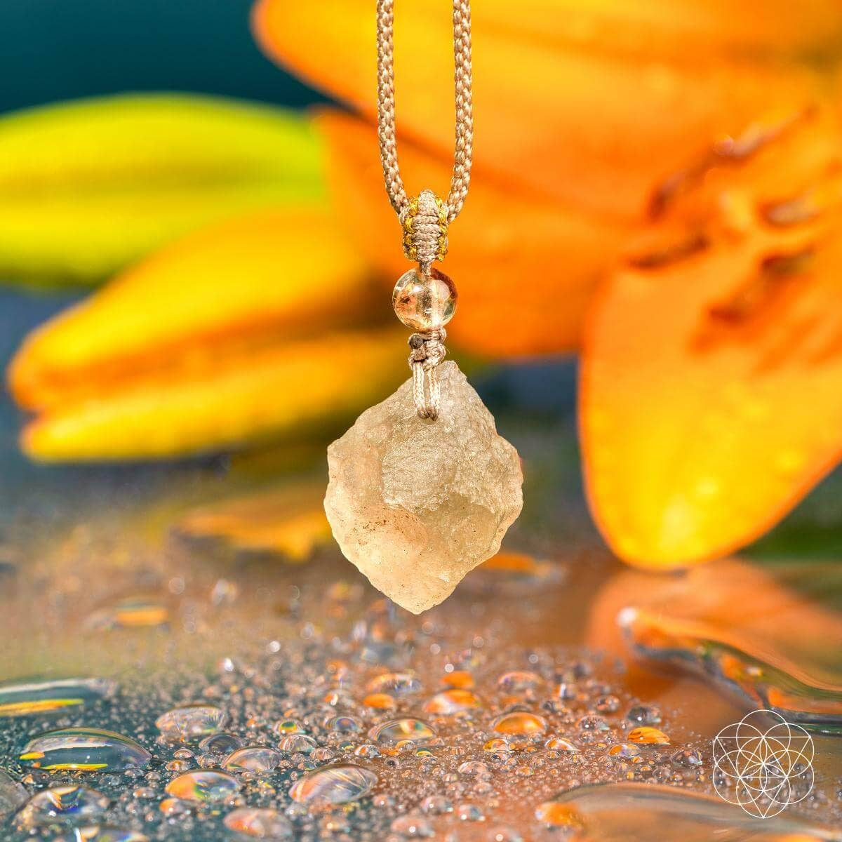 Libyan Desert Glass Pendant Necklace with Citrine Crystal and Gold Chain
