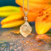 Libyan Desert Glass Pendant Necklace with Citrine Crystal and Gold Chain