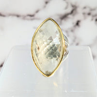 Thumbnail for Libyan Desert Glass Sz 8 faceted marquis ring on white marble surface