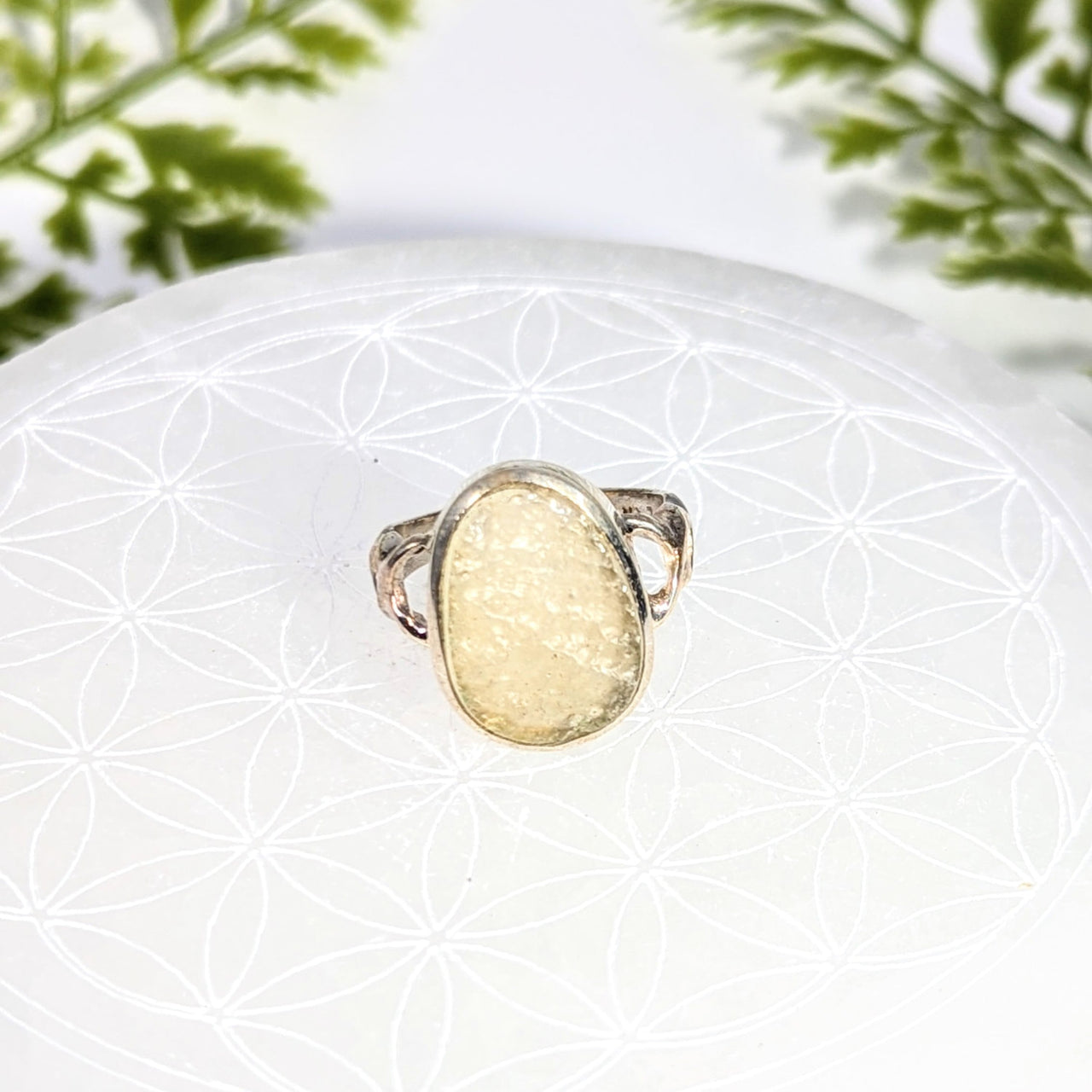 Libyan Desert Glass sz 8 oval silver ring #BC1086 with yellow opal