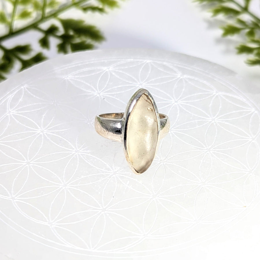 Libyan Desert Glass size 9 marquis silver ring #BC1084 with oval white quartz