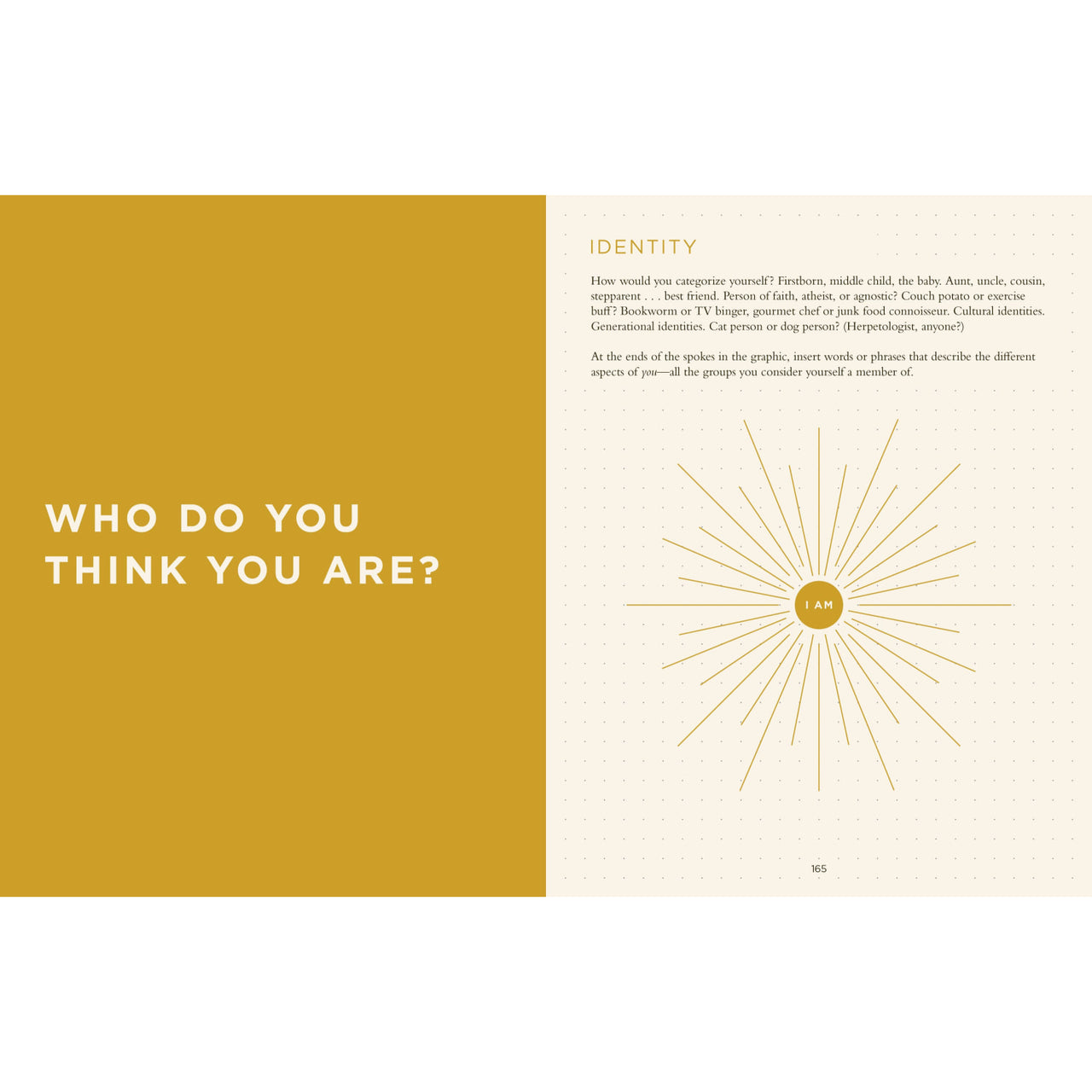 The open My Life in Stories book shows a bold ochre page with the title and a sunburst gold circle featuring i am, ideal for gemstone and crystal jewelry inspiration
