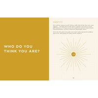 The open My Life in Stories book shows a bold ochre page with the title and a sunburst gold circle featuring i am, ideal for gemstone and crystal jewelry inspiration