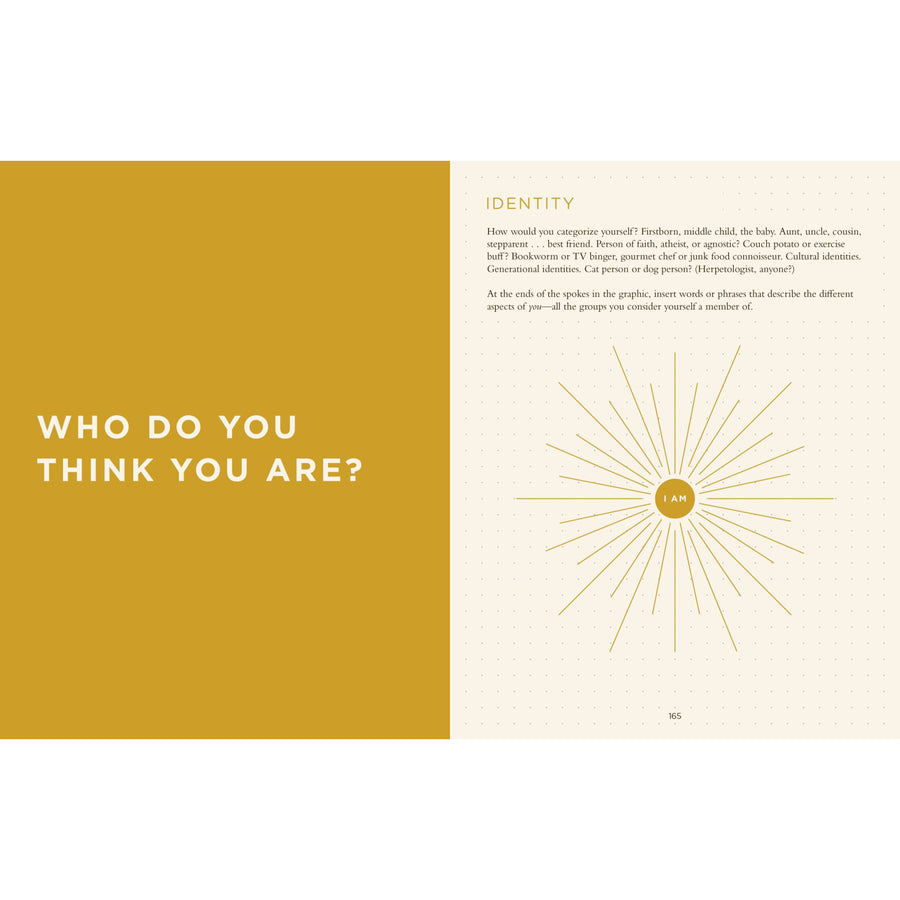 The open My Life in Stories book shows a bold ochre page with the title and a sunburst gold circle featuring i am, ideal for gemstone and crystal jewelry inspiration