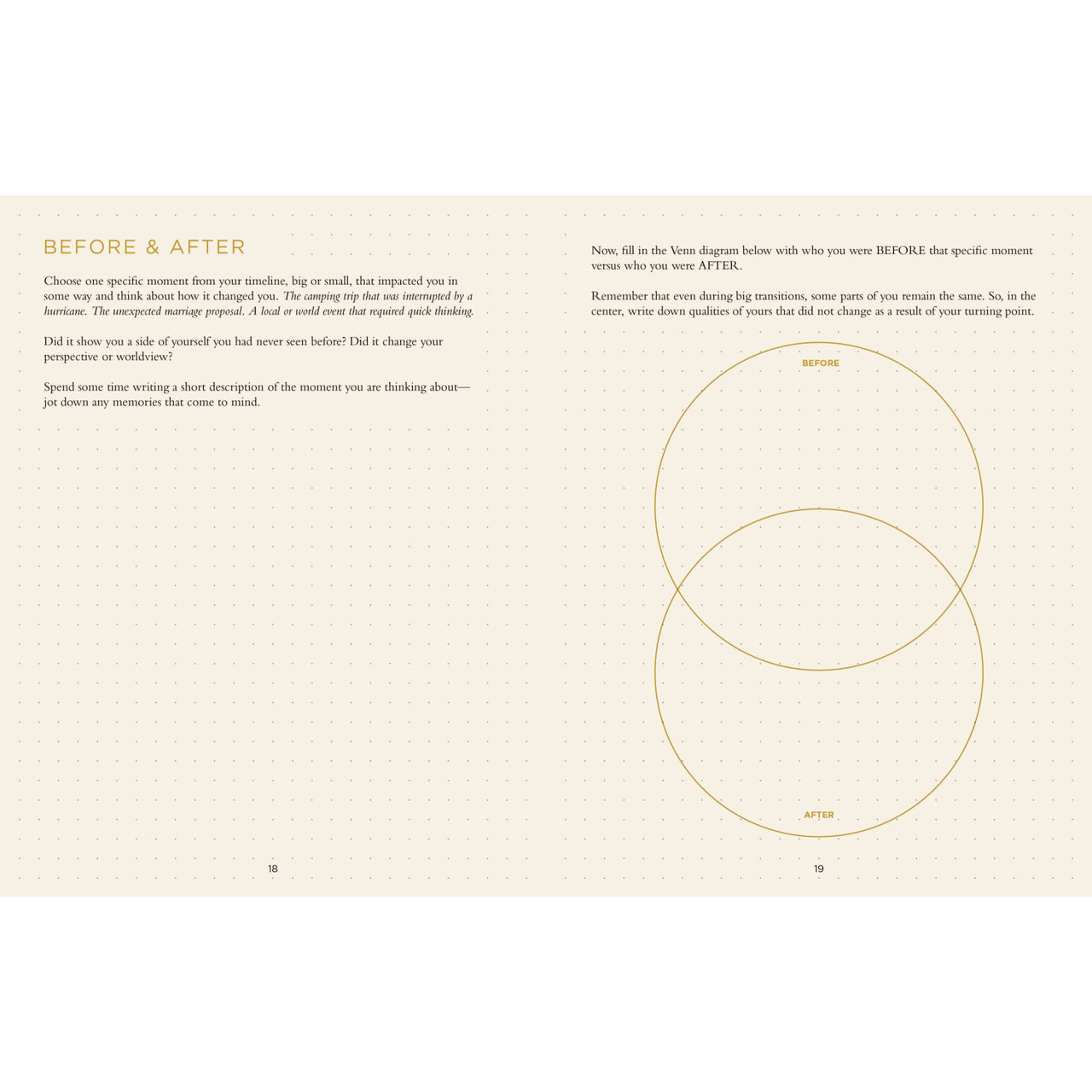 Minimalist My Life in Stories book with two-page beige dot grid spread featuring thin gold diagrams for jewelry crystals