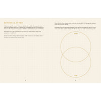 Minimalist My Life in Stories book with two-page beige dot grid spread featuring thin gold diagrams for jewelry crystals