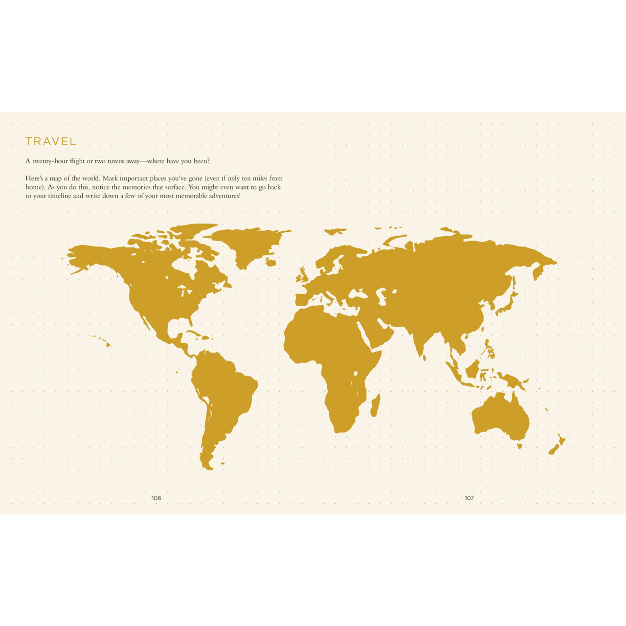 Gold-colored world map with dotted background on a travel-themed page in my life in stories book with gemstones theme