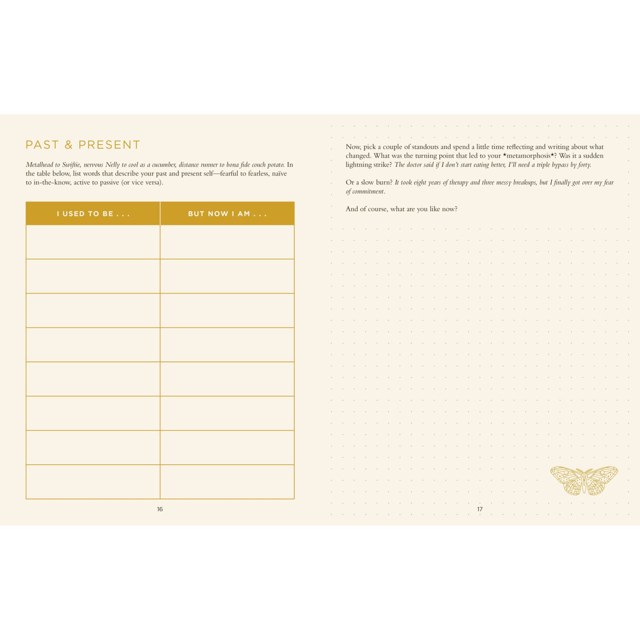 A cream-colored journal page from my life in stories book features a delicate gold foil butterfly resembling jewelry crystals