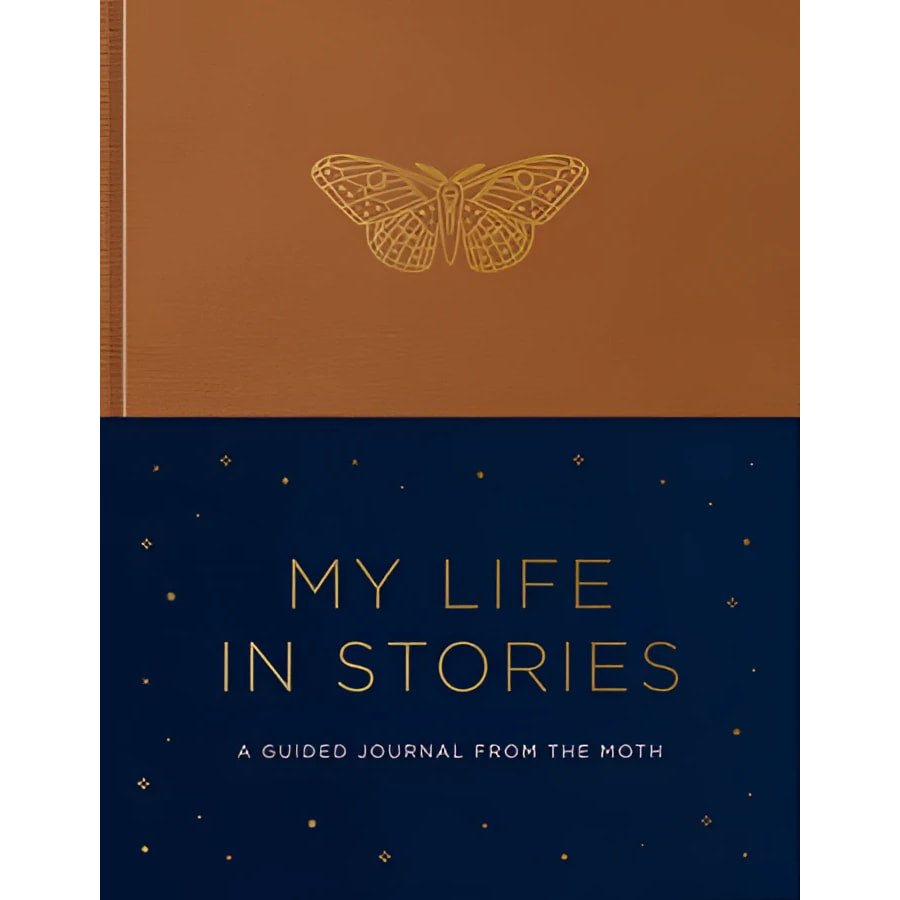 My life in stories book brown leather journal with gold butterfly and navy starry design ideal for crystals and gemstones