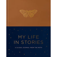 My life in stories book brown leather journal with gold butterfly and navy starry design ideal for crystals and gemstones