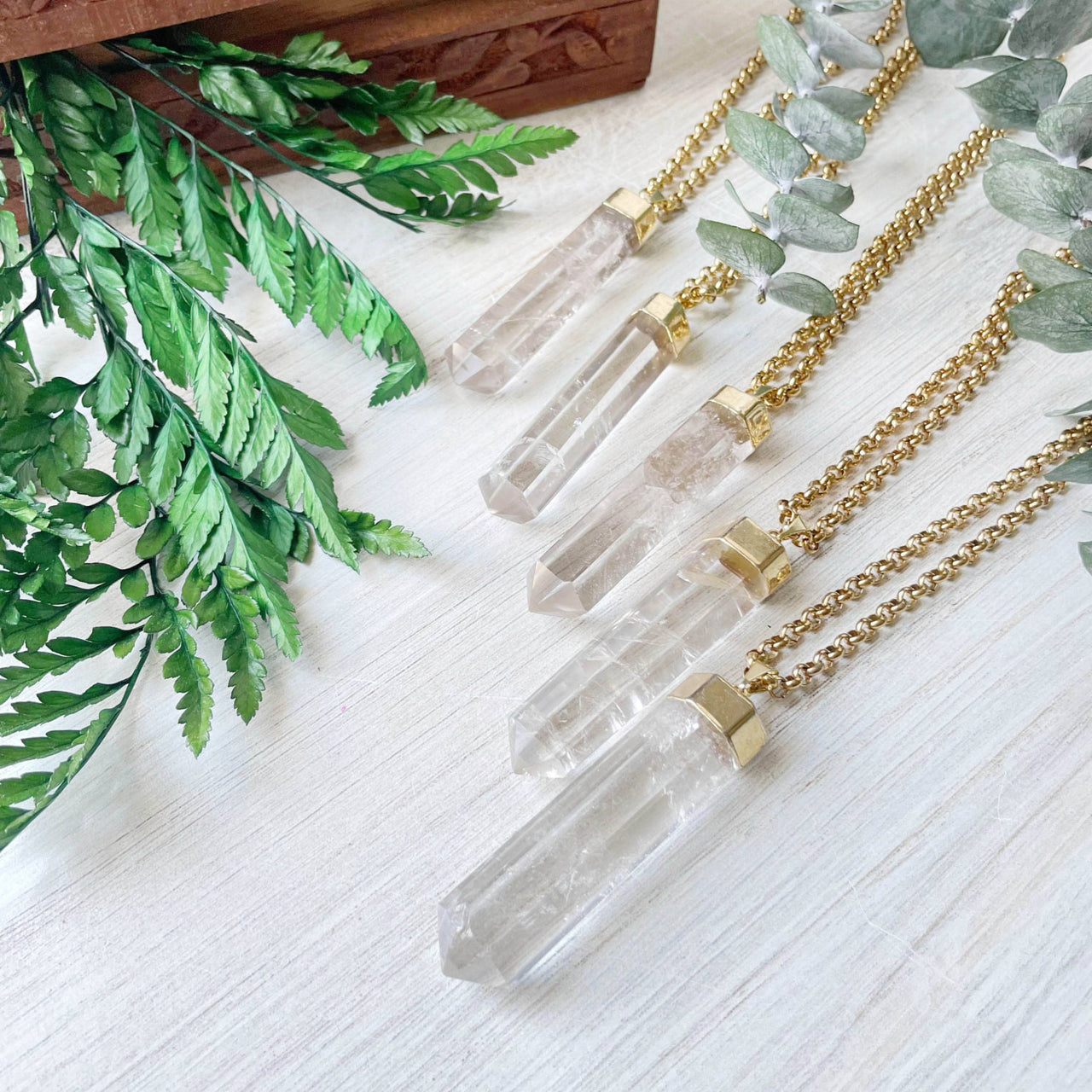 Long clear quartz 6-sided point gold necklace LV9095