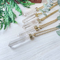 Long Clear Quartz 6-Sided Point Gold Necklace #LV9095