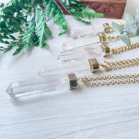 Long Clear Quartz 6-Sided Point Gold Necklace #LV9095