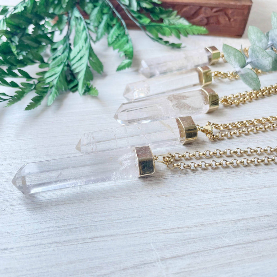Long Clear Quartz 6-Sided Point Gold Necklace #LV9095