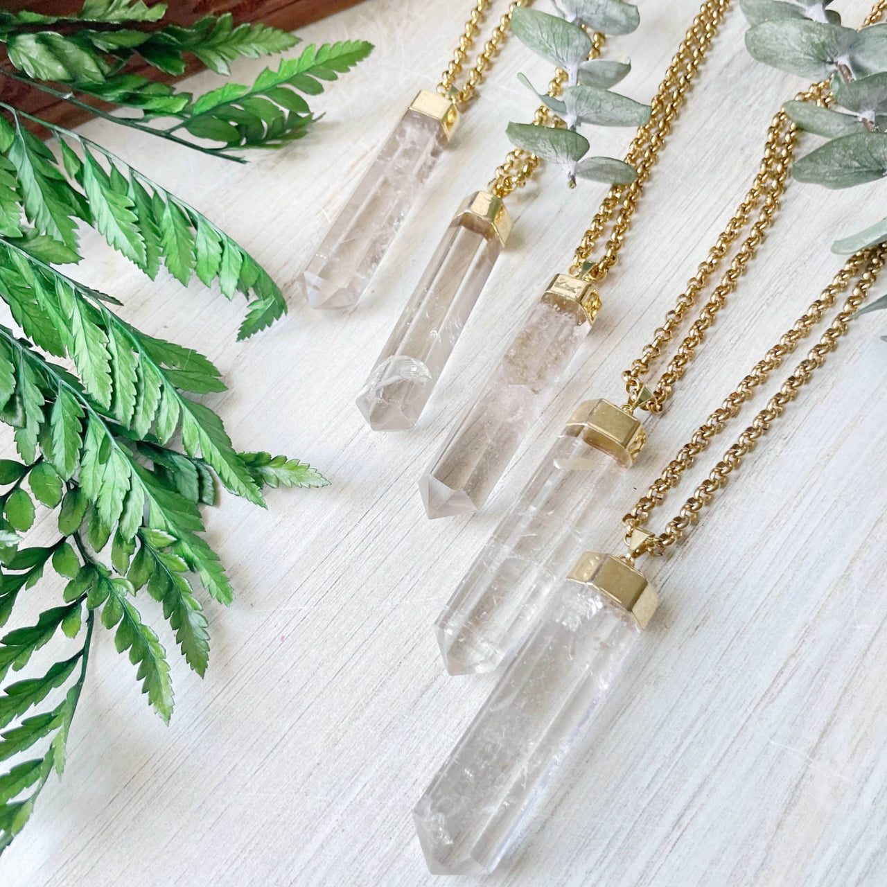 Long Clear Quartz 6-Sided Point Gold Necklace #LV9095
