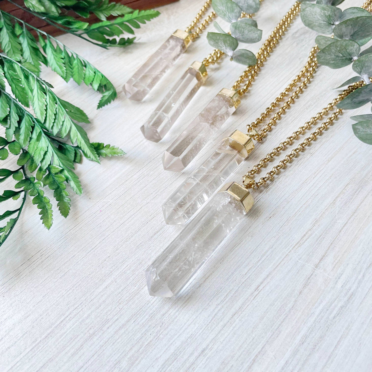 Long clear quartz 6-sided point gold necklace LV9095