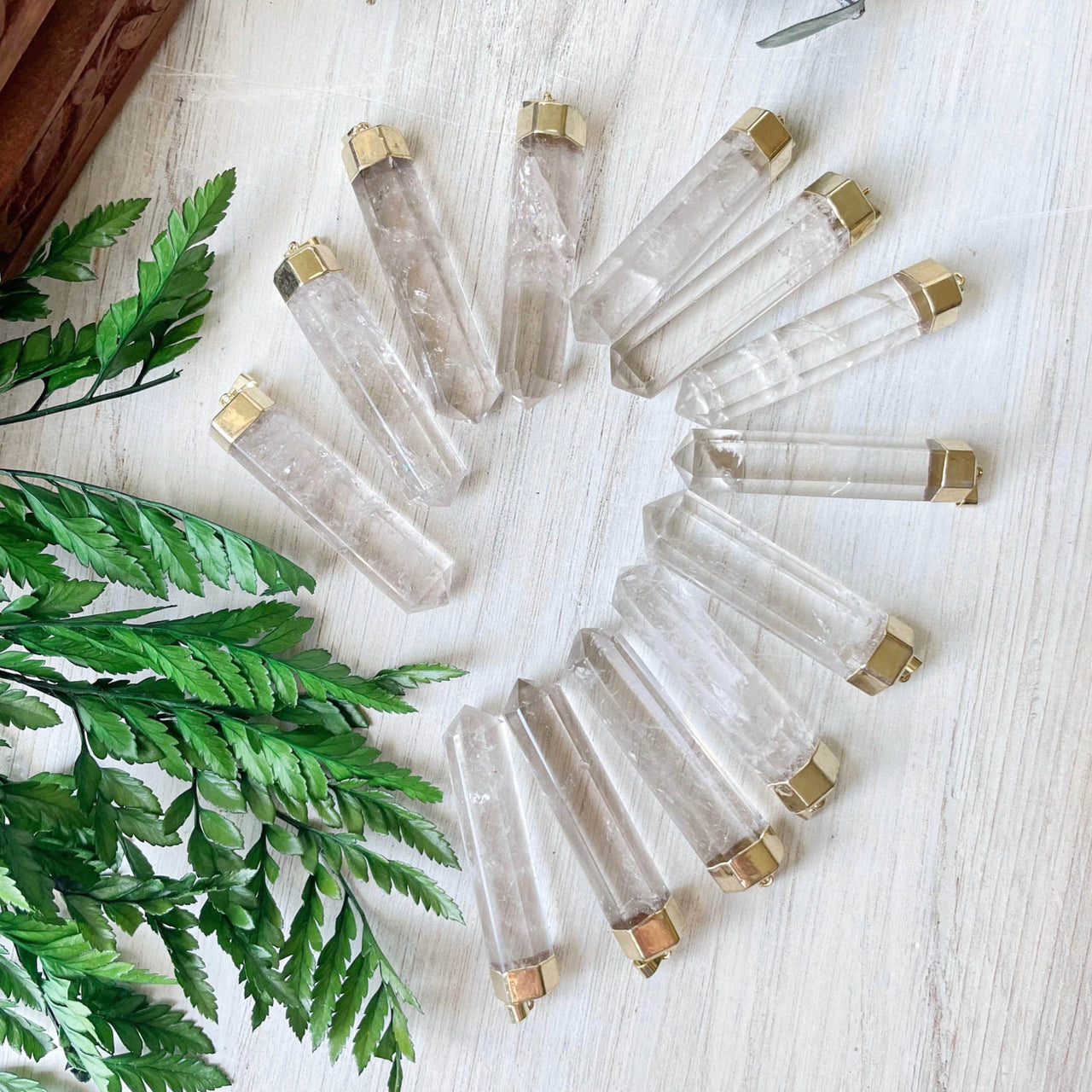 Long clear quartz 6-sided point gold necklace LV9095