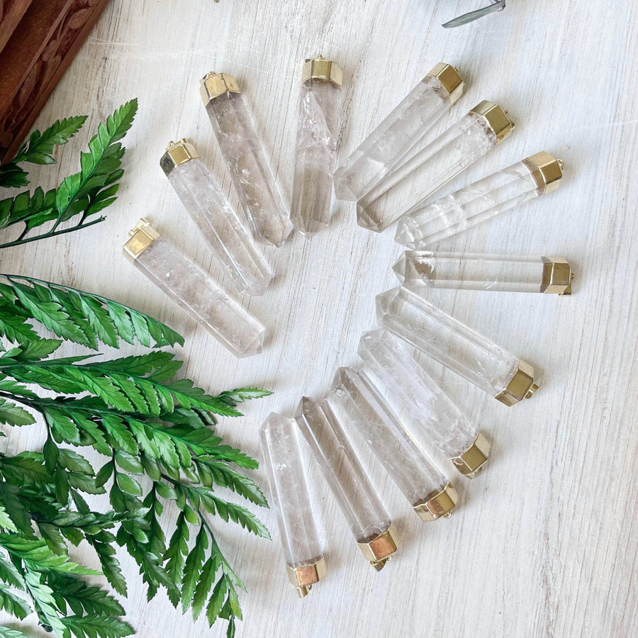 Long clear quartz 6-sided point gold necklace LV9095