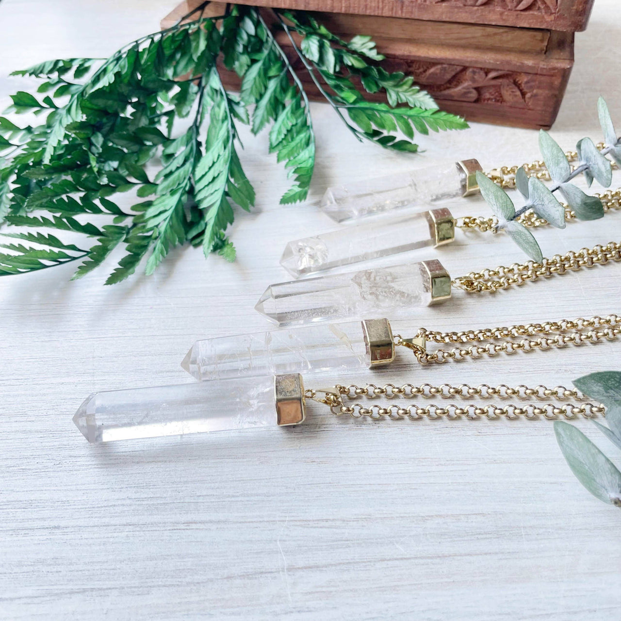 Long Clear Quartz 6-Sided Point Gold Necklace #LV9095