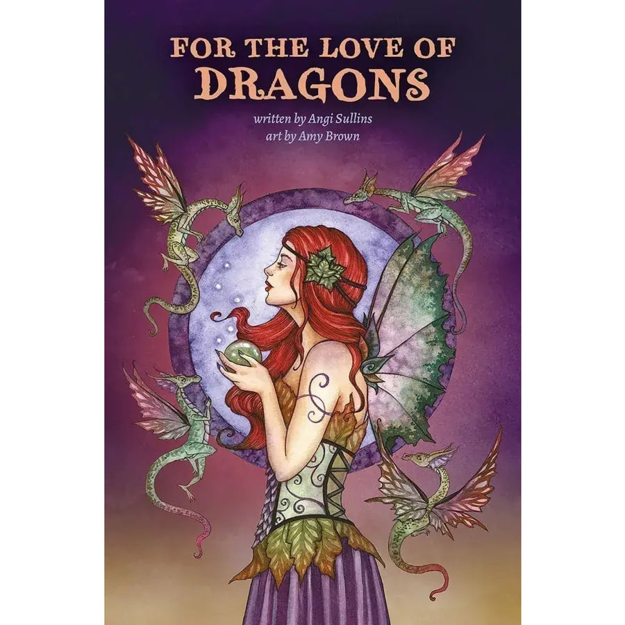 Fantasy book cover: Red-haired fairy woman with dragons on purple background, For the Love of Dragons Oracle Deck & Book Set LV9580