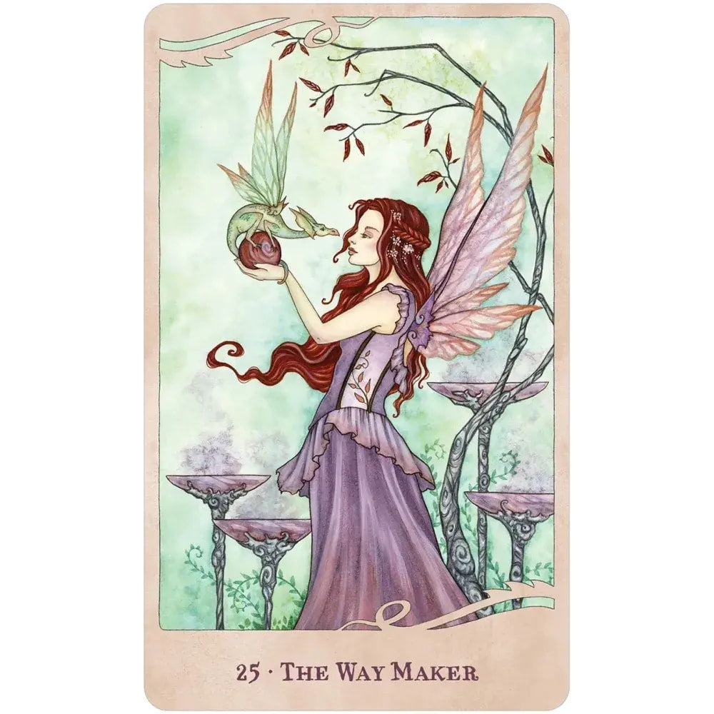 Delicate purple fairy with pink wings and red hair holds green dragon in For the Love of Dragons Oracle Deck LV9580