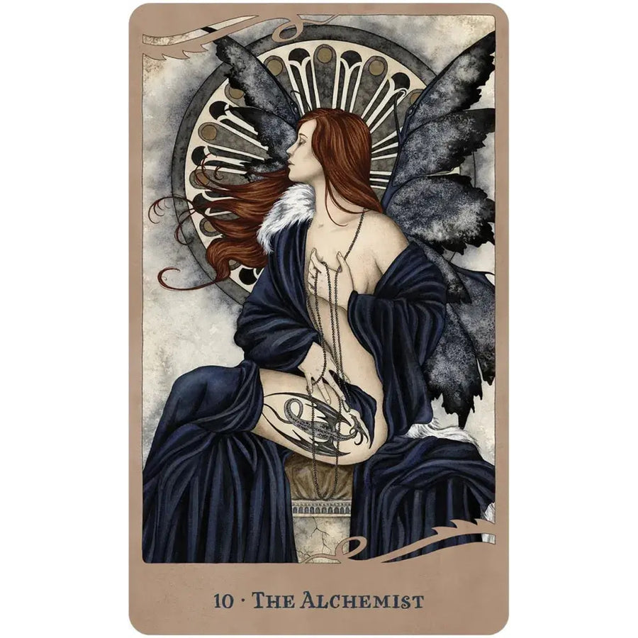 Alchemist tarot card with red-haired winged woman in blue robe, Love of Dragons Oracle Deck LV9580