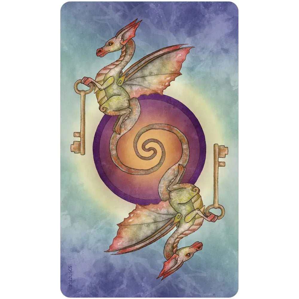 Watercolor dragons with pink wings holding keys in For the Love of Dragons oracle deck