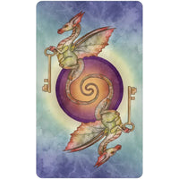 Watercolor dragons with pink wings holding keys in For the Love of Dragons oracle deck