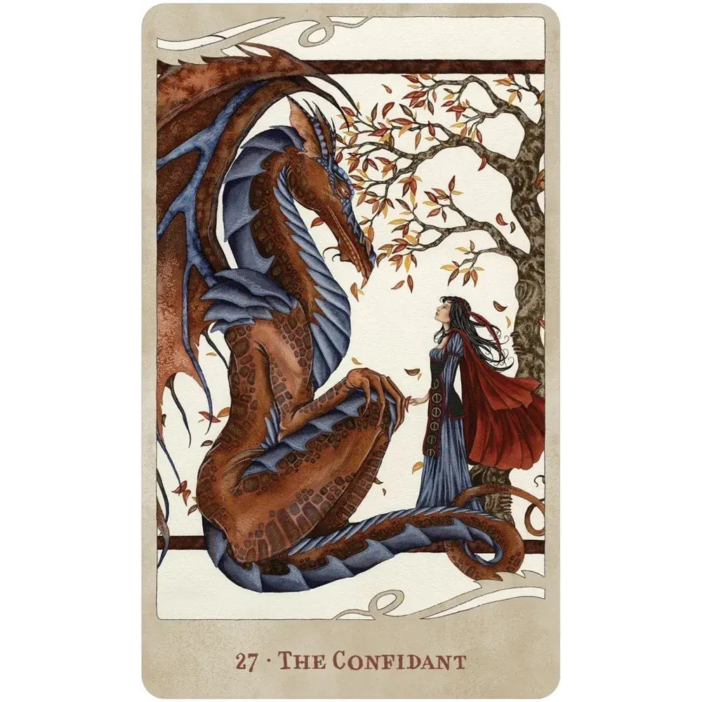 Majestic brown and blue dragon tarot card with woman in red cape, autumn tree backdrop, For the Love of Dragons Oracle Deck LV9580