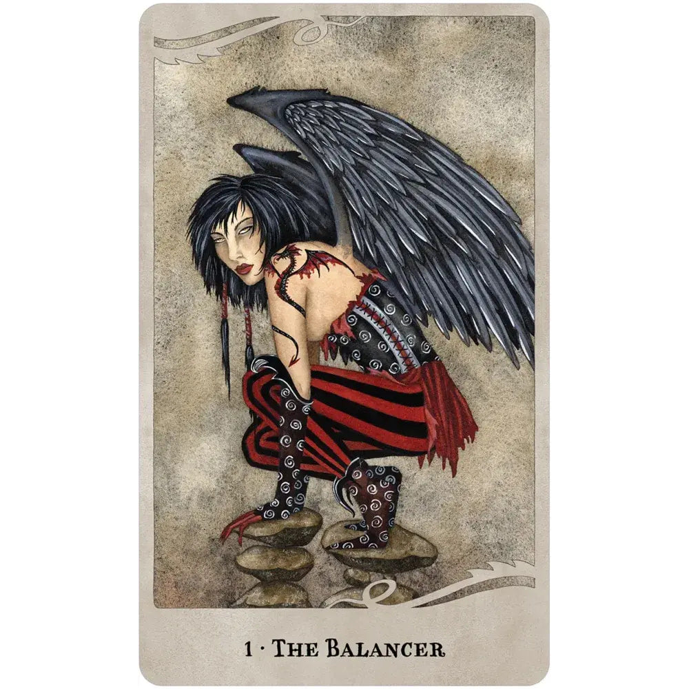 Dark-haired winged figure in red black stripes from For the Love of Dragons Oracle Deck LV9580