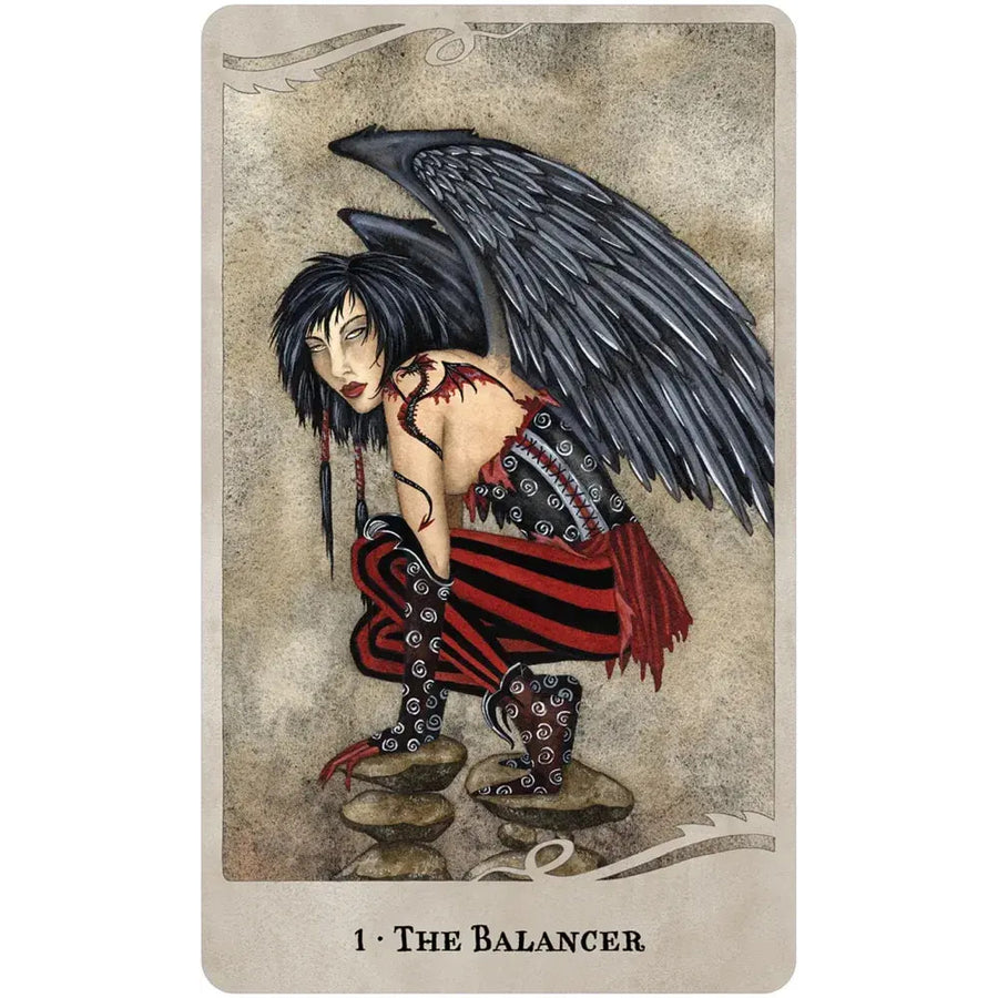 Dark-haired winged figure in red black stripes from For the Love of Dragons Oracle Deck LV9580
