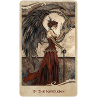 Woman in red brown corset gown with dragon on For the Love of Dragons oracle card