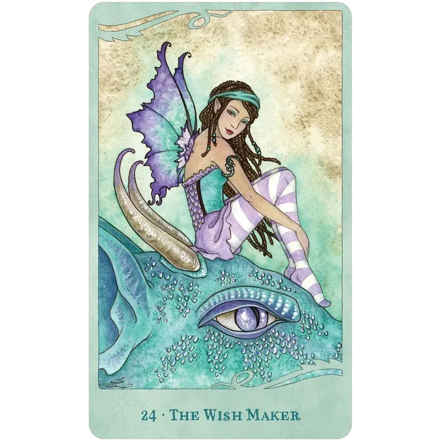 Fairy with purple wings on turquoise dragon in For the Love of Dragons oracle deck