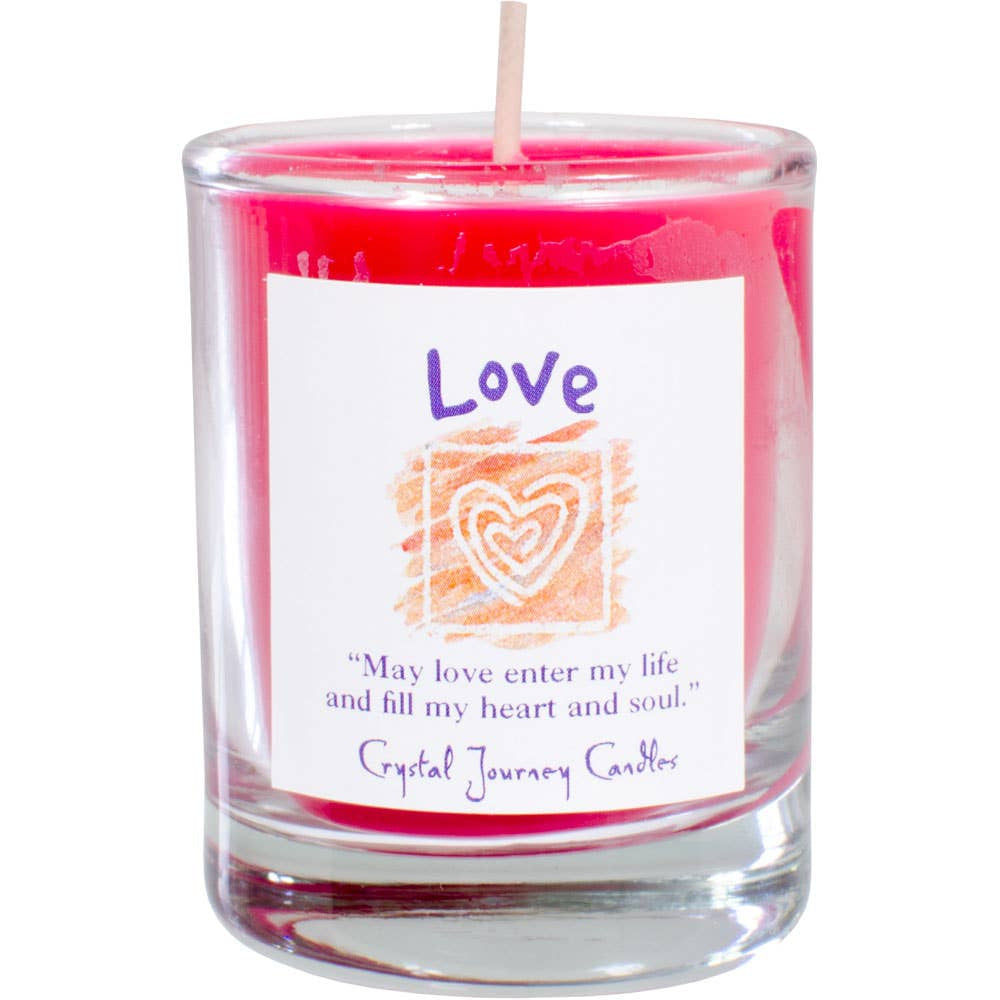 Vibrant pink Love herbal soy votive candle in glass jar with hearts label