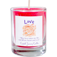 Vibrant pink Love herbal soy votive candle in glass jar with hearts label
