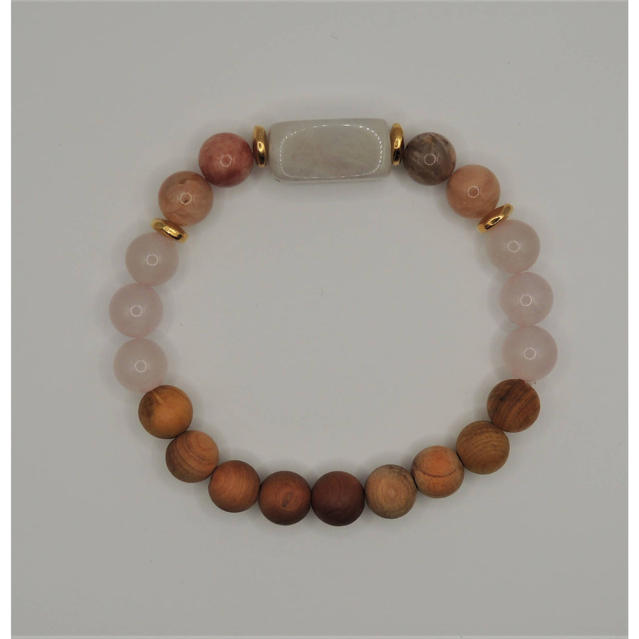 Love & Light beaded bracelet with rose quartz, sunstone, and sandalwood
