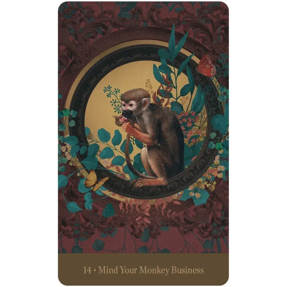 Monkey holding a flower surrounded by foliage, featured in the Love Who You Are Oracle Deck