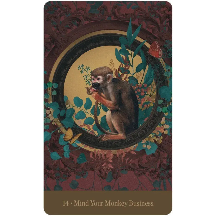 Monkey holding a flower surrounded by foliage, featured in the Love Who You Are Oracle Deck