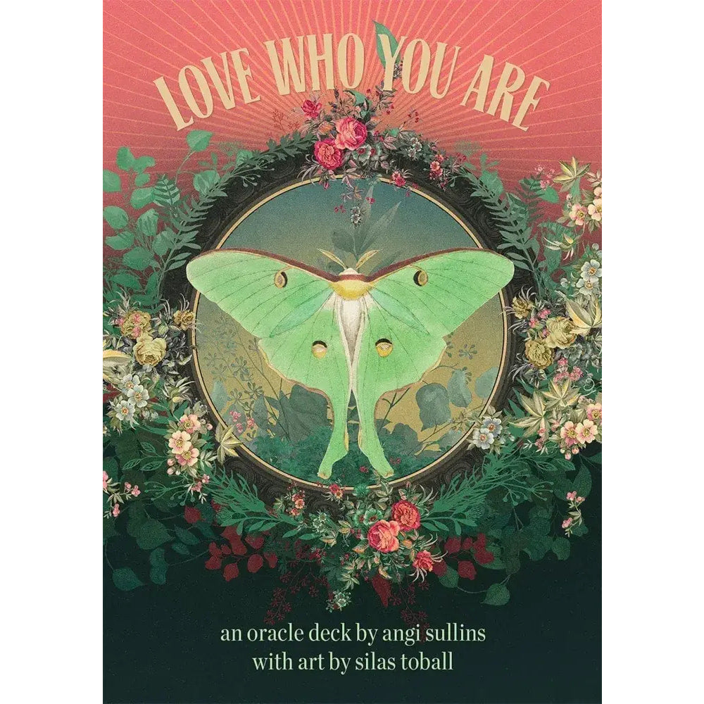 Mint green Luna Moth in circular frame with roses for Love Who You Are Oracle Deck