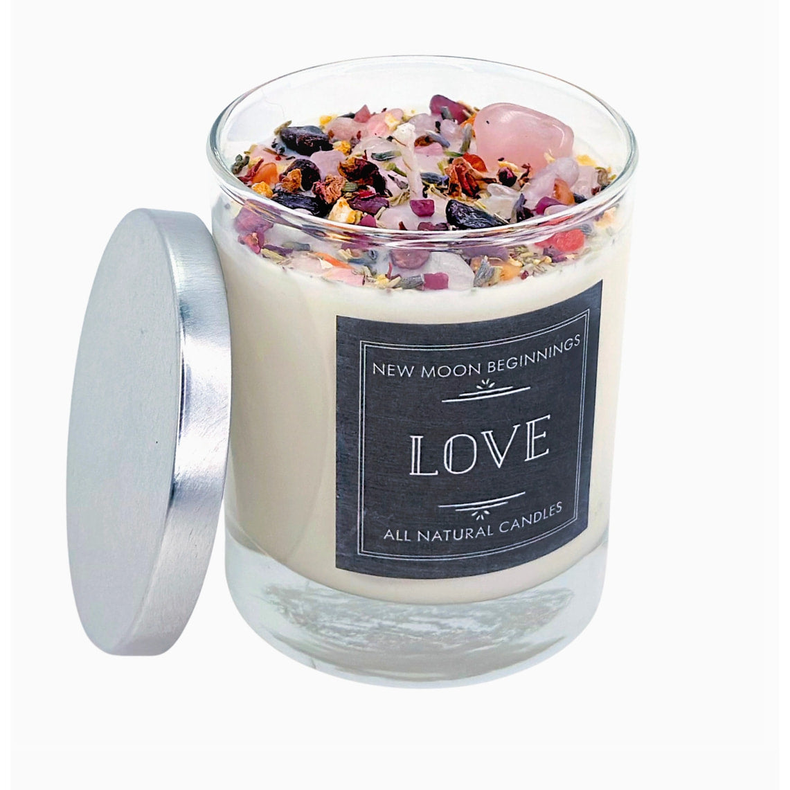 Love Ritual Soy Crystal Candle with flowers and quartz #LV5342