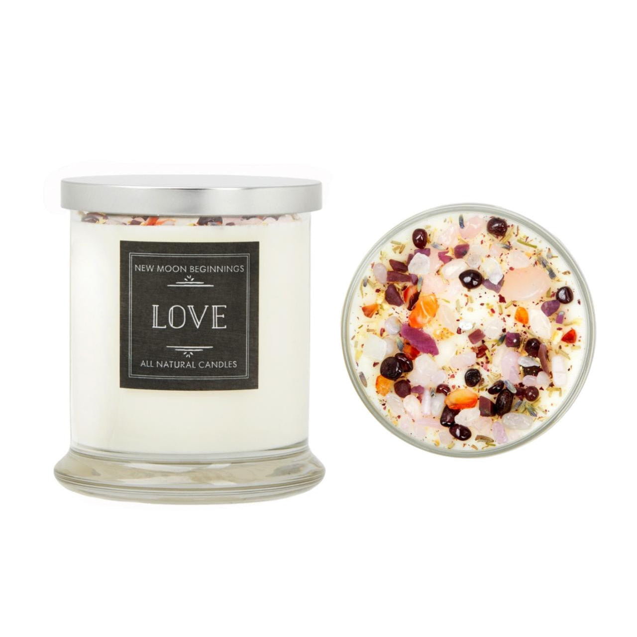 White glass Love ritual soy crystal candle jar with silver lid, LV5342