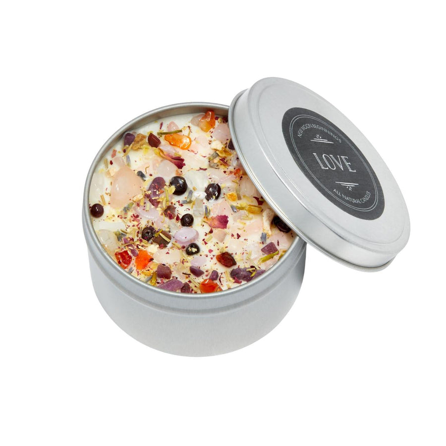 Silver round tin of colorful bath salts with Love label LV5342