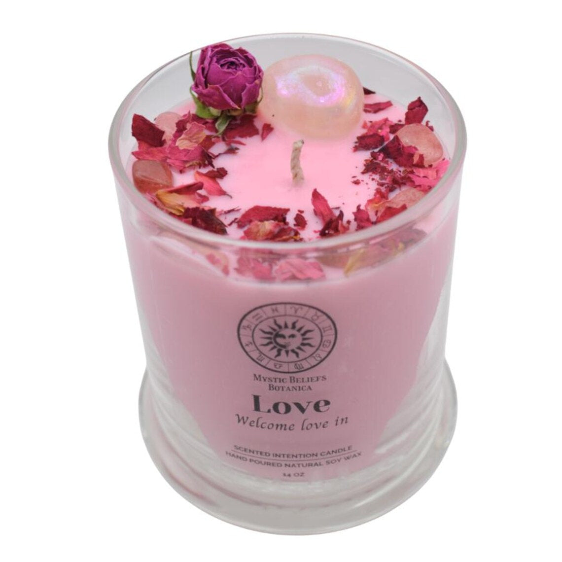 Pink Love Intention Candle in Glass Jar with Rose Quartz and Dried Petals