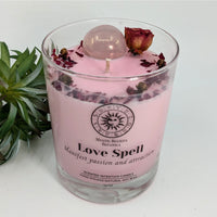 Pink Love Spell Candle with Rose Quartz and Flowers for Love and Healing