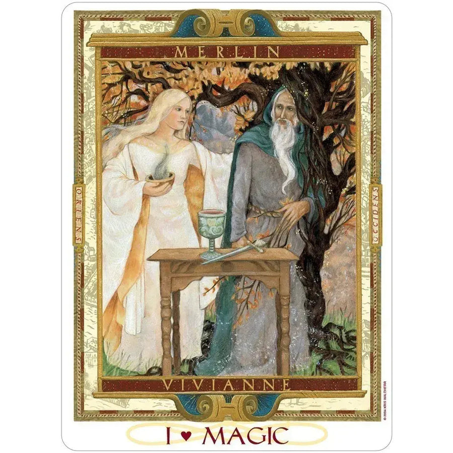Medieval-style tarot card of Merlin and Viviane in a mystical forest for Lover’s Path Tarot
