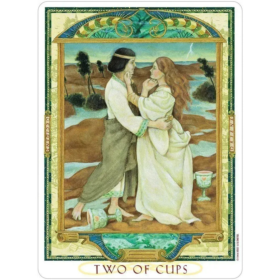 Romantic Two of Cups tarot card from the Lover’s Path Tarot by a river embrace