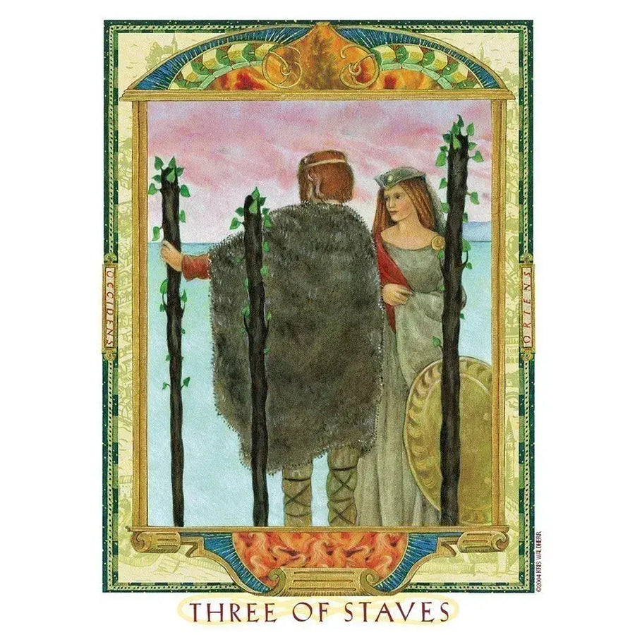 Medieval-style card showing two figures with staves from The Lover’s Path Tarot Q408